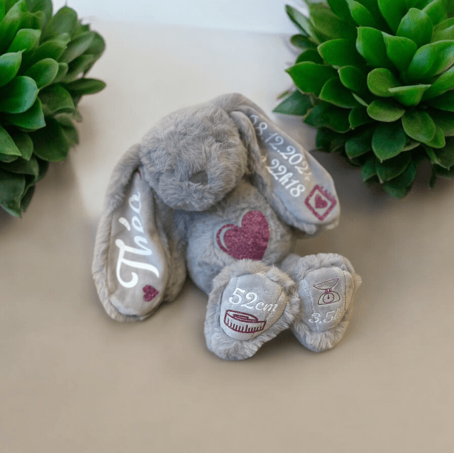 Peluche Lapin personnalisée avec prénom date et heure de naissance, poids et taille - cadeaux naissance - cadeaux d’anniversaire 