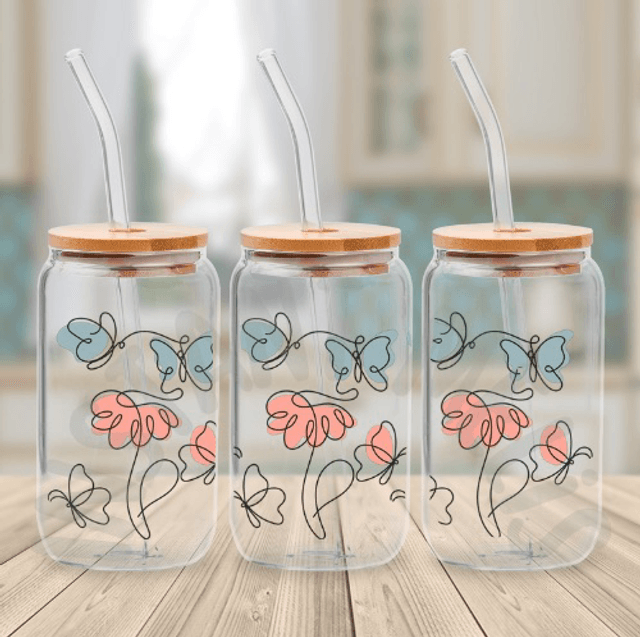 Canette en verre - Papillon fleurie
