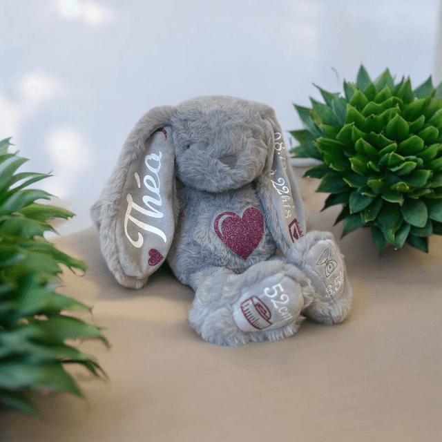Peluche Lapin personnalisée avec prénom date et heure de naissance, poids et taille - cadeaux naissance - cadeaux d’anniversaire 