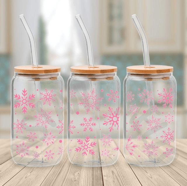 Canette en verre - Flocon rose 