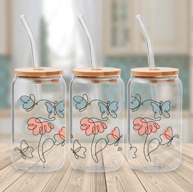Canette en verre - Papillon fleurie
