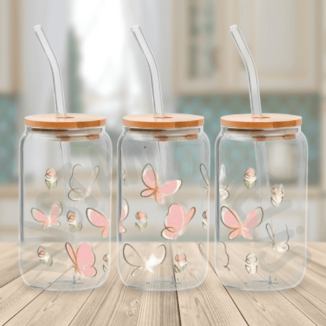 Canette en verre - Papillon Rose et Doré