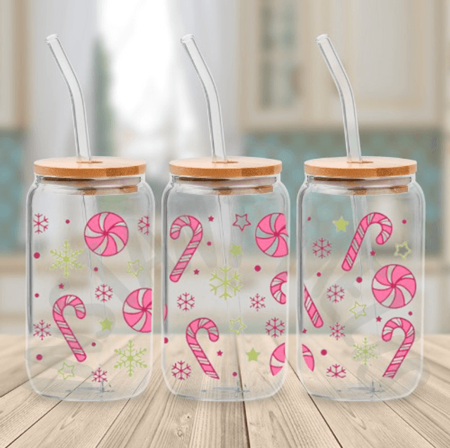 Canette en verre - Sucre d’orge rose et vert 