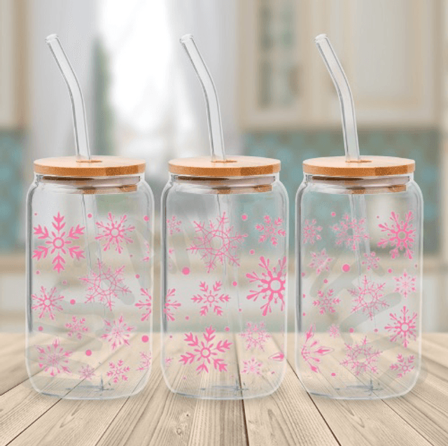 Canette en verre - Flocon rose 