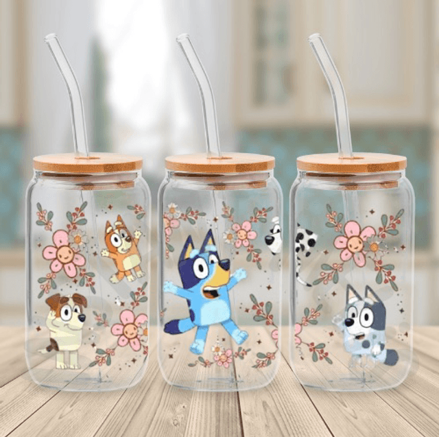 Canette en verre - Bluey Fleuri